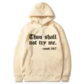 Sweat à capuche beige Thou Shall Not Try Me, pull graphique confortable à manches longues. - S / Hauts / Kaki