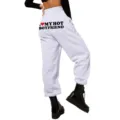 Women high waist loose white sweatpants casual joggers with custom text print on back. - S / Bottoms / White