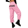 Women pink high waist loose sweatpants casual jogger pants with funny back letter print - S / Bottoms / Pink