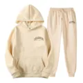 Women beige casual tracksuit set featuring hooded sweatshirt and sweatpants with Los Angeles print. - S / Top And Bottom / Khaki 3