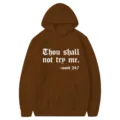 Sweat à capuche marron unisexe avec impression Thou Shall Not Try Me style urbain. - S / Hauts / Café