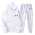 White women's tracksuit hoodie and sweatpants set with green Chicago letter print for casual wear. - S / Top And Bottom / White