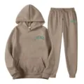 Women two piece tracksuit set casual khaki hoodie and jogger pants with letter print. - S / Top And Bottom / Camel 4