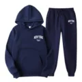 Women Navy Blue Hooded Sweatshirt Tracksuit Two Piece Set Casual Jogger Suit With Pocket - S / Top And Bottom / Navy Blue 5