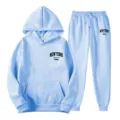 Light blue women casual two piece hooded sweatshirt and sweatpants tracksuit set with letter print. - S / Top And Bottom / Light Blue 5
