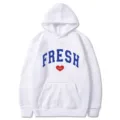 White hooded sweatshirt with blue letter print and red heart love design for casual daily wear - S / Tops / White