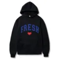 Black hoodie for men and women, streetwear style with fresh letter and love heart print. - S / Tops / Black