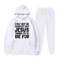 Completo felpa con cappuccio e pantaloni in felpa bianca con stampa religiosa sul petto. - Taglia S / Top E Pantaloni / Bianco