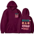 Sweat à capuche bordeaux avec impression rétro et motifs floraux pour hommes et femmes. - Bordeaux