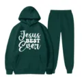 Completo felpa con cappuccio e pantaloni in pile verde scuro con stampa Jesus casual - Taglia S / Top E Pantaloni / Verde scuro