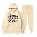 Completo Felpa Con Cappuccio E Pantaloni Beige Stampa Lettera Jesus Con Tasca E Coulisse - Taglia S / Top E Pantaloni / Beige