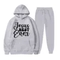 Completo tuta grigio con cappuccio e pantaloni per uomo e donna con stampa sul petto. - Taglia S / Top E Pantaloni / Grigio
