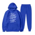 Completo tuta con felpa con cappuccio in pile blu e pantaloni con stampa di testo stimolante. - Taglia S / Top E Pantaloni / Blu zaffiro