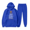 Set di felpa con cappuccio e pantaloni in pile blu royal con una stampa grafica festiva. - Taglia S / Top E Pantaloni / Blu zaffiro