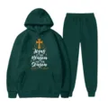Completo felpa con cappuccio e pantaloni della tuta verde scuro con stampa religiosa. - Taglia S / Top E Pantaloni / Verde scuro