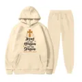 Set felpa con cappuccio e pantaloni in felpa beige, abbigliamento casual comodo e caldo. - Taglia S / Top E Pantaloni / Kaki
