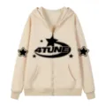 Men's Y2K full-zip hooded sweatshirt featuring cool star graphics and comfortable retro fit. - S / Tops / Khaki
