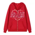 Herren roter gotischer Kapuzenpullover mit Reißverschluss und Herz-Grafik, Fleece. - S / Oberteile / Rot