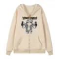 Beige Reißverschluss Kapuzensweatshirt mit gotischem Skelett Schmetterling Motiv auf Brust. - S / Oberteil(312) / Khaki