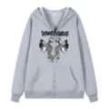 Grauer Kapuzenpullover mit Reißverschluss und gotischem Skelett Schmetterling Motiv. - S / Oberteile / Hellgrau