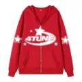 Red Y2K Full Zip Hoodie Men Streetwear Star Print Casual Hooded Jacket Outerwear - S / Tops / Red