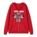 Roter Kapuzenpullover mit Reißverschluss, Gothic-Skelett-Schmetterlings-Grafik und Streetwear. - S / Oberteile / Rot