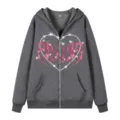Herren dunkelgrauer Kapuzenpullover mit Reißverschluss, gothischem Herz-Print und Fleece-Futter. - S / Oberteile / Dunkelgrau
