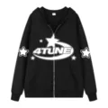 Men's black full zip hoodie with Y2K star graphic urban streetwear casual hooded jackets - S / Tops / Black