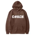 Brown hooded sweatshirt with white Coach football graphic print, casual long sleeve pullover hoodie. - 41 / S