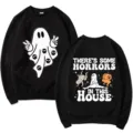 Black crewneck sweatshirt featuring spooky ghost and fun Halloween horror print for women men. - M / Tops / Black
