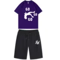 Men summer casual short sleeve t-shirt and shorts set purple black apparel two piece outfit - Purple
