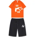 Men's Summer Casual Short Sleeve T-Shirt and Shorts Set Orange and Black Two Piece Outfit - Orange + Black Pants
