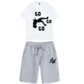 Men's summer casual two-piece clothing set, white short sleeve t-shirt and grey shorts. - White Top Gray Pants