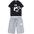 Men Summer Casual Short Sleeve T-Shirt and Shorts Two-Piece Tracksuit Athletic Gym Set - Black Top Gray Pants