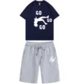 Men summer casual short sleeve t-shirt and drawstring shorts two piece tracksuit set. - Navy Top Gray Pants