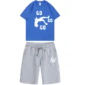 Men summer casual sportswear set short sleeve t-shirt and shorts two piece outfit style - Royal Blue Top Gray Pants