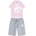 Men casual summer short sleeve t-shirt and shorts two piece set comfortable daily wear. - Pink Top Gray Pants