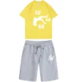 Men summer short sleeve t-shirt and shorts casual two piece set yellow and grey apparel. - Yellow Top Gray Pants