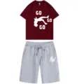 Men's summer casual short sleeve t-shirt and shorts two-piece sportswear outfit set - Burgundy Top Gray Pants