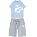 Men summer casual two piece set light blue t shirt grey shorts sportswear outfit - Light Blue Top Gray Pants