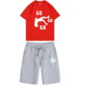 Men summer casual sportswear set, red short sleeve t-shirt and grey shorts outfit. - Red Top Gray Pants