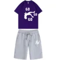 Men summer casual two piece set short sleeve t shirt and grey drawstring shorts sportswear outfit - Purple Top Gray Pants