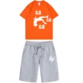 Summer mens casual short sleeve t-shirt and shorts two piece sports set breathable apparel. - Orange Top Gray Pants