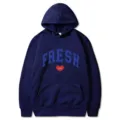 Dark blue hooded sweatshirt for men and women, featuring front fresh letter and love heart print. - S / Tops / Navy Blue