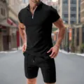 Set casual estivo da uomo con polo a maniche corte in waffle e pantaloncini neri tinta unita - Taglia S / Nero