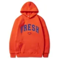 Oranger Kapuzenpullover mit blauem FRESH Aufdruck und Herzmuster für Herren und Damen. - S / Oberteile / Orange