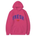 Rosa Streetwear Hoodie mit blauem FRESH Bogen Druck und Herz Grafik fur Damen und Herren. - S / Oberteile / Fuchsia