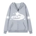 Grey full zip hoodie for men, Y2K vintage style with star graphic and comfortable fit streetwear. - S / Tops / Gray