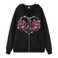 Herren Schwarz Kapuzenpullover mit Reißverschluss Y2K Gothic Herz Grafisch Streetwear Jacke - S / Oberteile / Schwarz