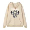 Lässiger beiger Kapuzenpullover mit Reißverschluss, Totenkopf-Grafik und Taschen, Größe L. - S / Oberteile / Khaki